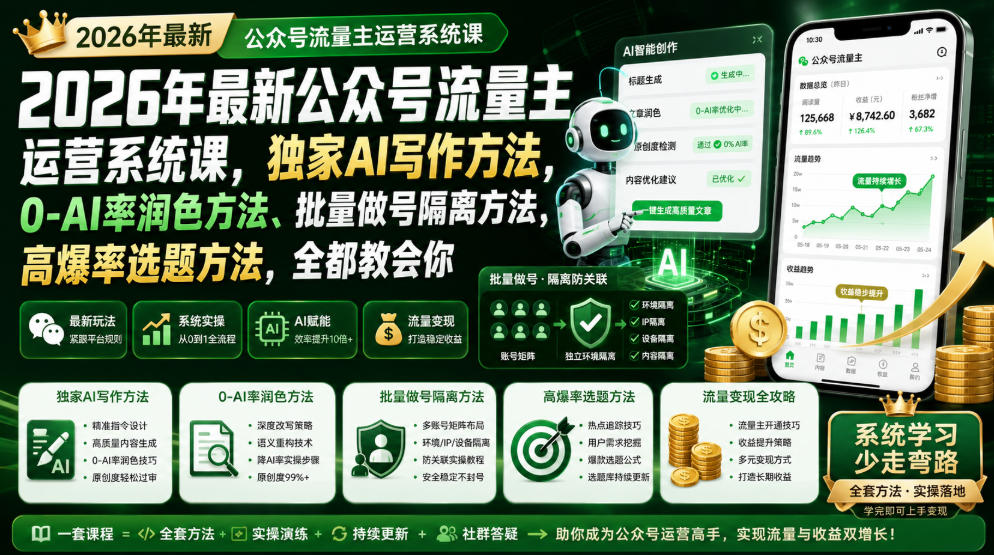 2026年最新公众号流量主运营系统课,独家AI写作方法,0-AI率润色方法、批量做号隔离方法、高爆率选题方法,全都教会你-智享云联