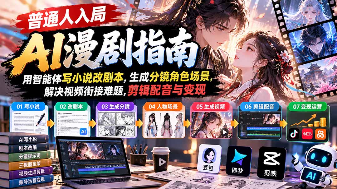 【无水印】普通人入局AI漫剧指南:用智能体写小说改剧本,生成分镜角色场景,解决视频衔接难题,剪辑配音与变现-智享云联
